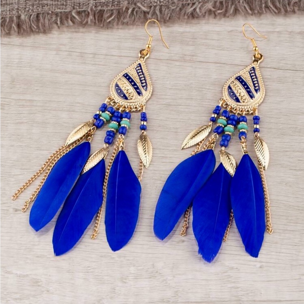 Ash Blue and Gold Feather Earrings